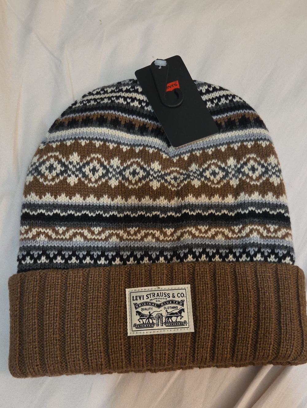 Levi's Fair Isle Hat, Brown, White & Black Knit Beanie NWT
